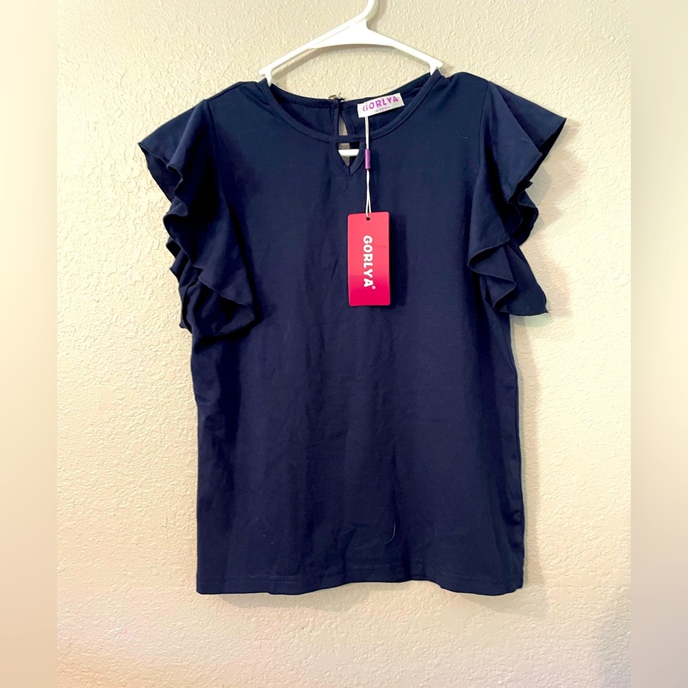 Dark Blue Ruffle Short Sleeve Gorlya T-Shirt